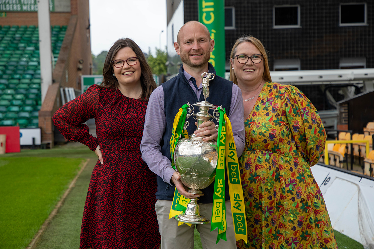 Sarah Norman, Stuart Monument and Deborah Yardy at the Pymm & Co brand partner takeover at Carrow Road